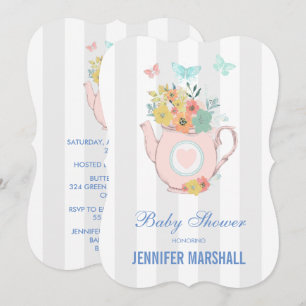 Invitación Tetera rosa con flores y mariposas Baby Shower