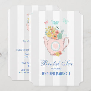 Invitación Tetera rosa con flores y mariposas Té de boda