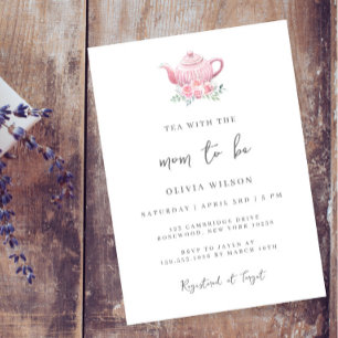 Invitación Tetera rosada mínima Baby Shower Fiesta de té
