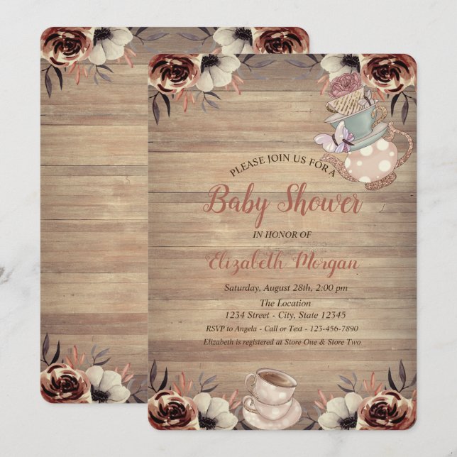 Invitación Tetera Taza de té Flores Madera Fiesta de bebé (Anverso / Reverso)