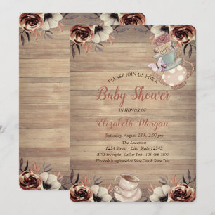 Invitación Tetera Taza de té Flores Madera Fiesta de bebé