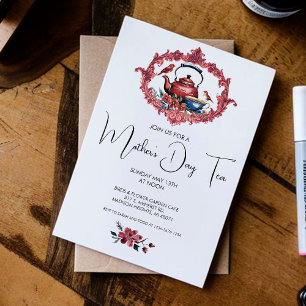 Invitación Tetera Taza de Té Pájaros Rojo Fiesta del Día de l