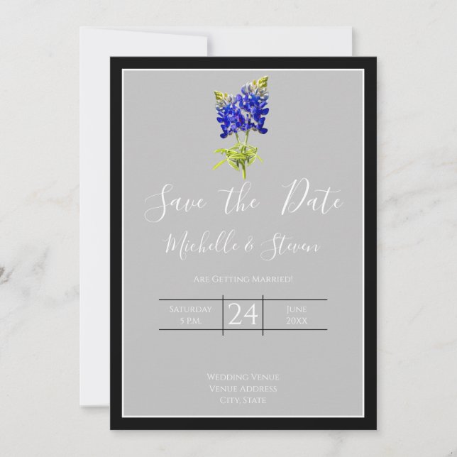 Invitación Texas Bluebonnets sobre el gris claro, primavera y (Anverso)