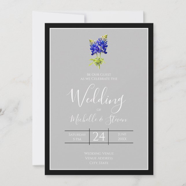 Invitación Texas Bluebonnets sobre gris claro, boda de primav (Anverso)