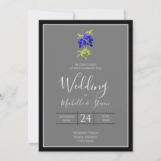 Invitación Texas Bluebonnets sobre gris oscuro, boda de prima (Anverso)
