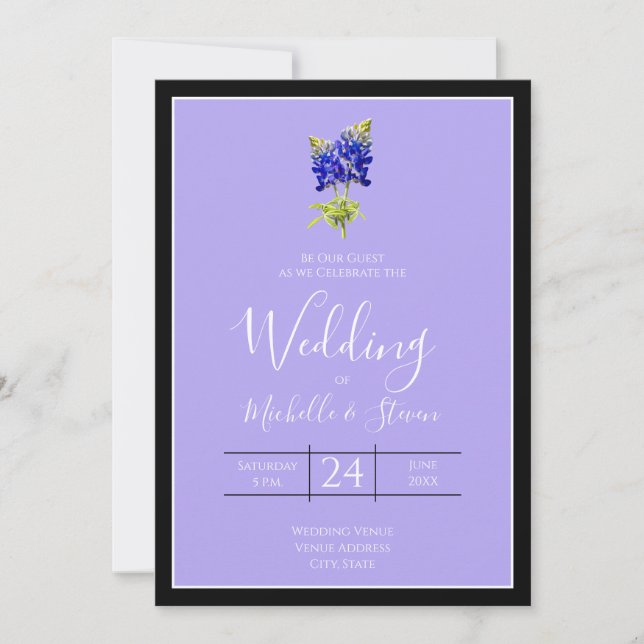 Invitación Texas Bluebonnets sobre Lavanda, boda de primavera (Anverso)