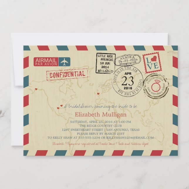 Invitación TEXAS World Traveller Airmail | Bridal Shower (Anverso)