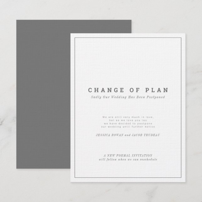 Invitación Texto blanco gris pospuesto cambio de plan boda (Anverso / Reverso)