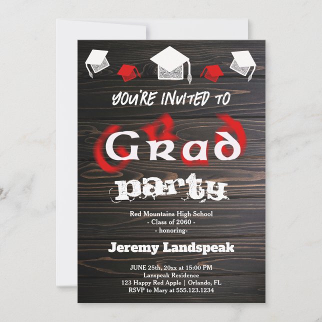 Invitación Texto Borroso Rojo para Fiesta de Graduación en Ca (Anverso)