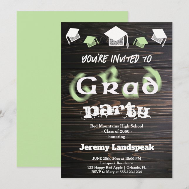 Invitación Texto Borroso Verde Claro para Fiesta de Graduació (Anverso / Reverso)