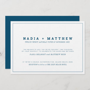 Invitación Texto clásico mínimo boda azul marino y blanco