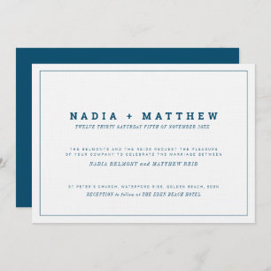 Invitación Texto clásico mínimo boda azul marino y blanco