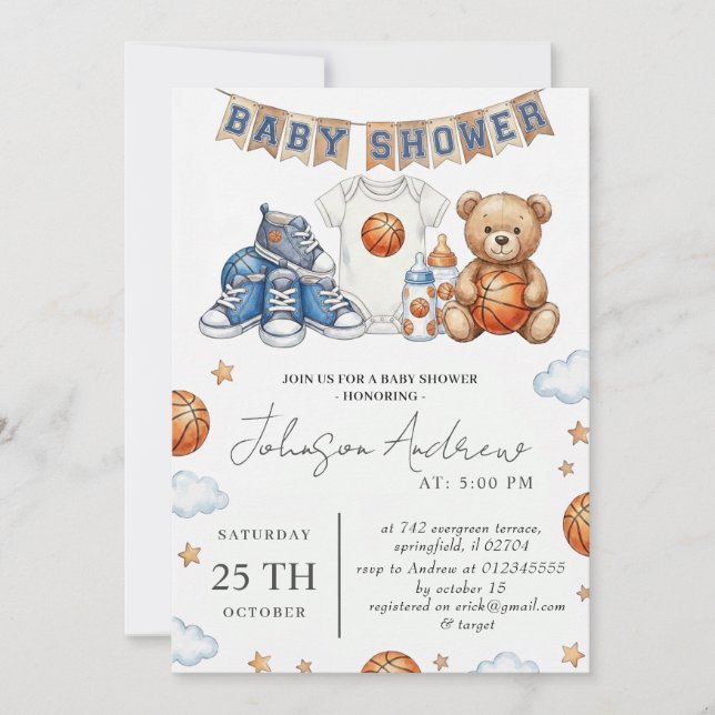 Invitación Texto de fiesta de bebé con tema de baloncesto per (Anverso)