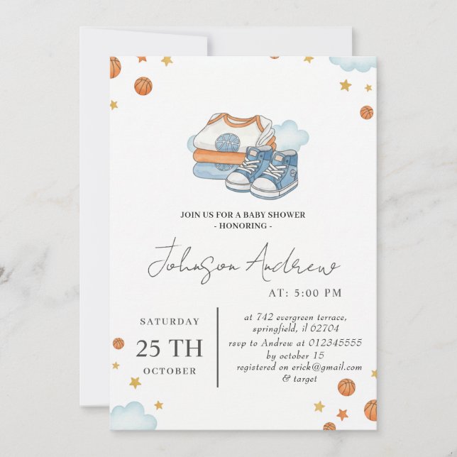 Invitación Texto de fiesta de bebé con tema de baloncesto per (Anverso)