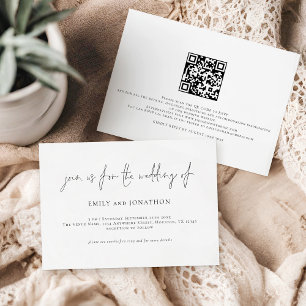 Invitación Texto de guión minimalista Código QR Boda blanco n