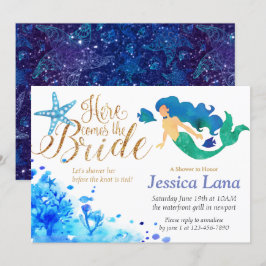 Invitación Texto de oro de la sirena dulce submarina azul de