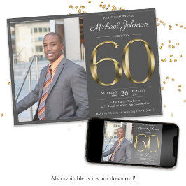 Invitación Texto de oro Gris oscuro foto de 60 años