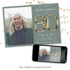 Invitación Texto de oro Sage Green Classy Foto 80 cumpleaños