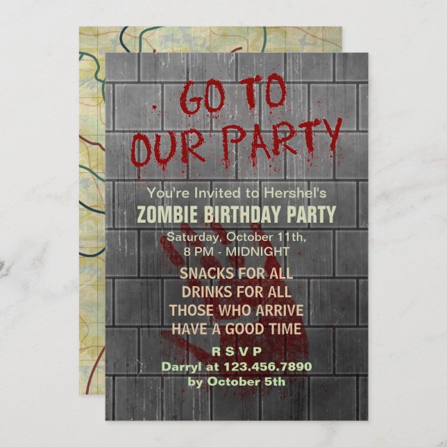 Invitación Texto del partido de los cumpleaños zombies apocal (Anverso / Reverso)