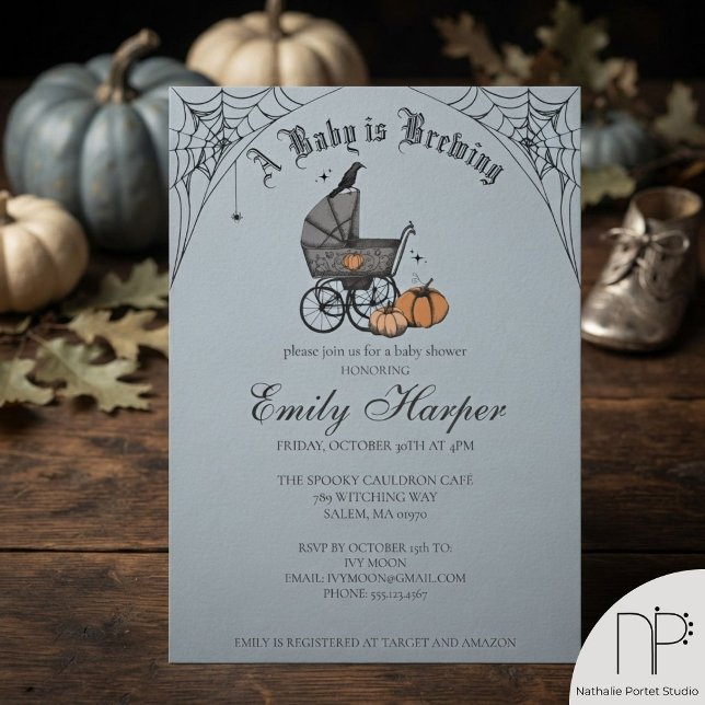 Invitación Texto editable A Baby is Brewing Baby Shower (Hand-drawn Halloween baby is brewing baby shower invitation in chic French blue with editable text.)