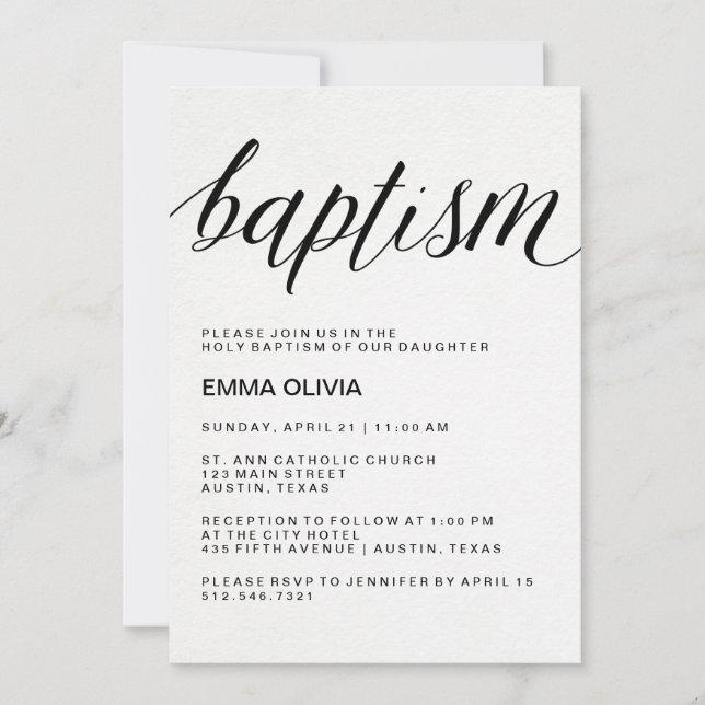 Invitación Texto elegante moderno del bautismo en el papel de (Anverso)