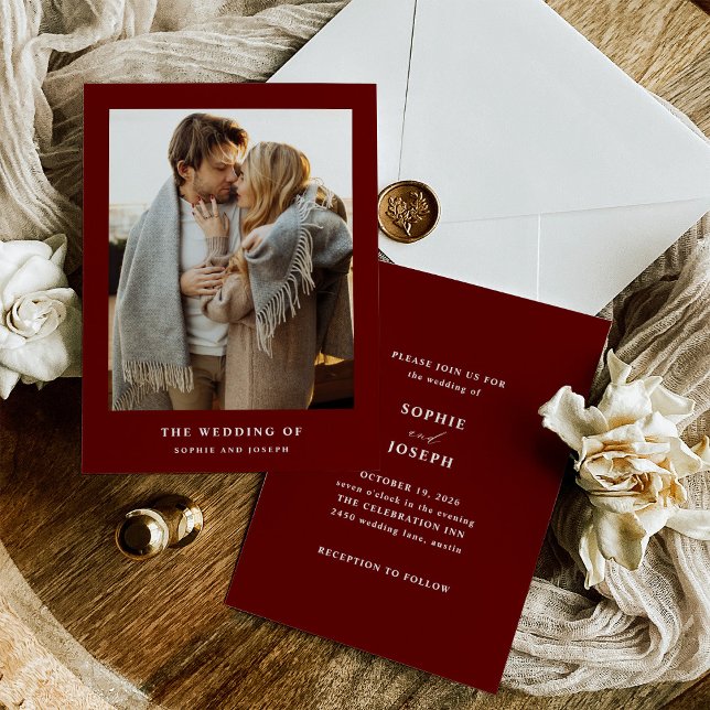 Invitación Texto elegante rojo oscuro y foto | BODA (Subido por el creador)