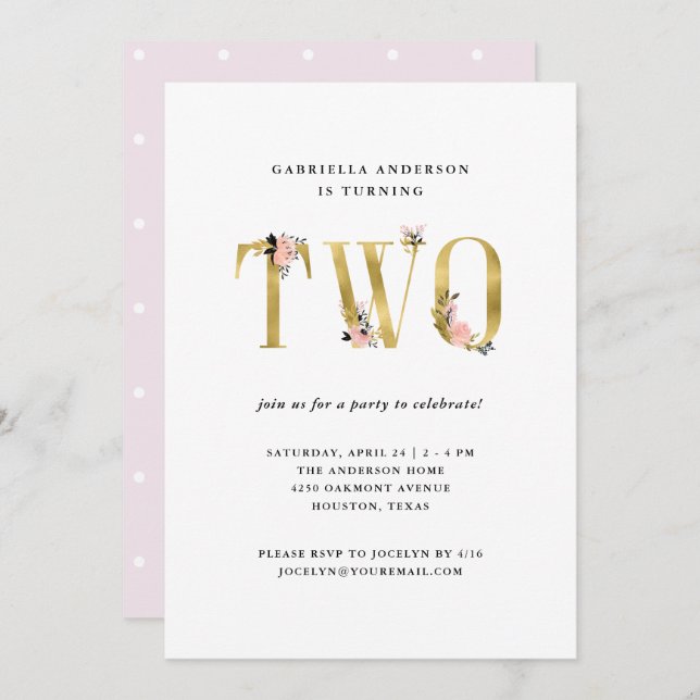Invitación Texto floral dorado de Bonito| Segunda fiesta de c (Anverso / Reverso)