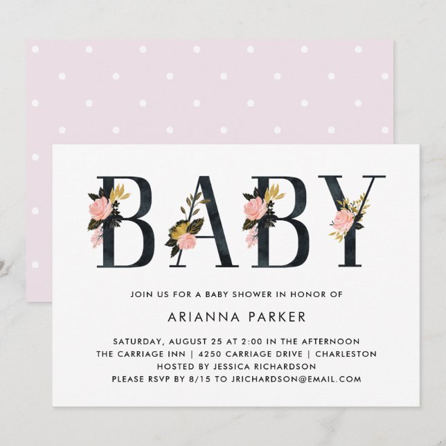 Invitación Texto floral negro de bonito | Baby Shower (Anverso / Reverso)
