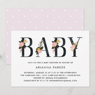 Invitación Texto floral negro de bonito   Baby Shower