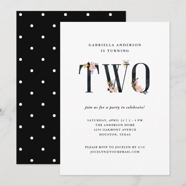 Invitación Texto floral negro de bonito | Segunda fiesta de c (Anverso / Reverso)