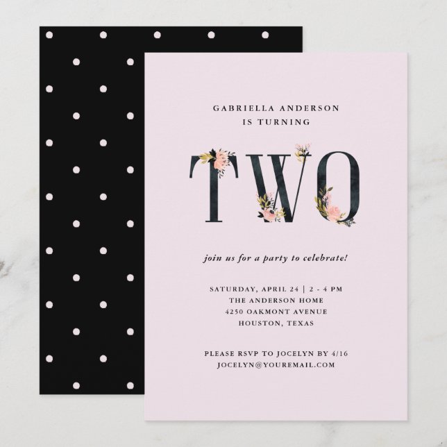 Invitación Texto floral negro sobre rosa | Segunda fiesta de  (Anverso / Reverso)