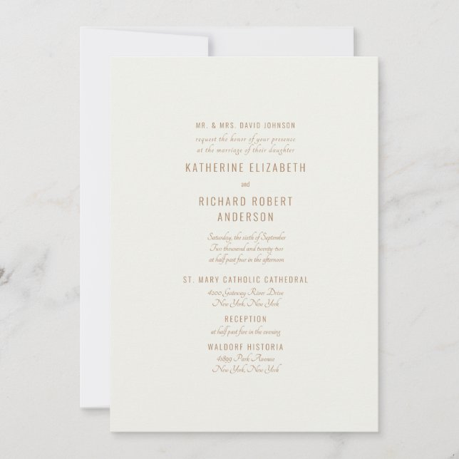 Invitación Texto formal de oro crema Dos padres de novia (Anverso)