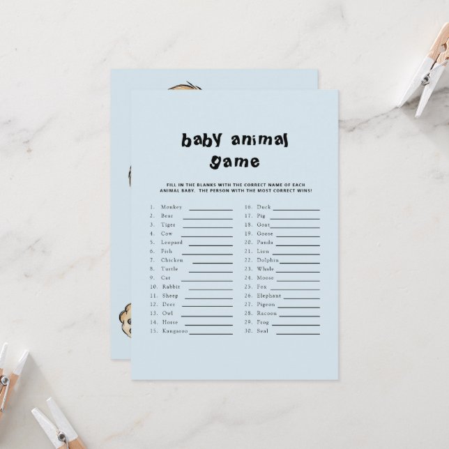 Invitación Texto lindo Baby Shower Baby Animal Game Blue (Anverso/Reverso In Situ)