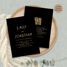 Invitación Texto minimalista Código QR Código Oro Boda negro