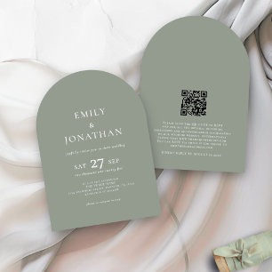 Invitación Texto minimalista Código QR Sage Green Arch Boda