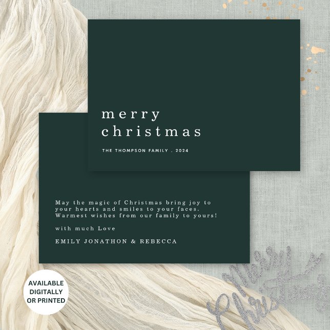 Invitación Texto minimalista Verde Blanco Feliz Navidad (Frotn and back view. Available digitally and printed.)