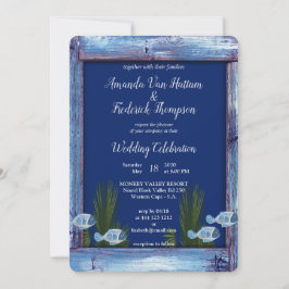 Invitación Textura azul marina Coral rosado y pescado