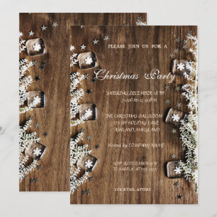 Invitación Textura de madera, copos de nieve, Fiesta de Navid