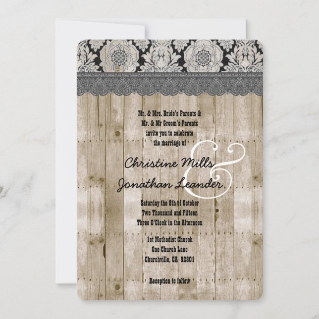 Invitación Textura de madera de estilo rústico y matrimonio D (Anverso)