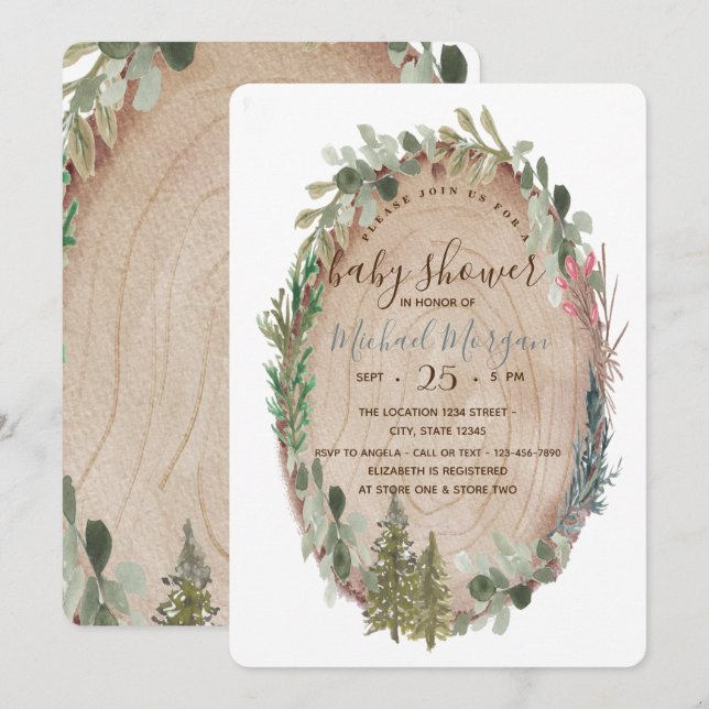 Invitación Textura de madera de pino Bosque Baño de bebé (Anverso / Reverso)