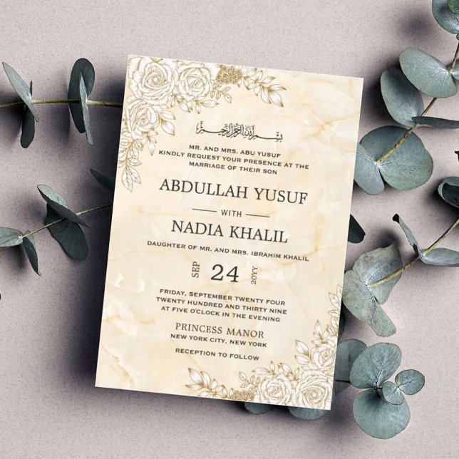 Invitación Textura de mármol Floral Lace Boda musulmán islámi (Subido por el creador)