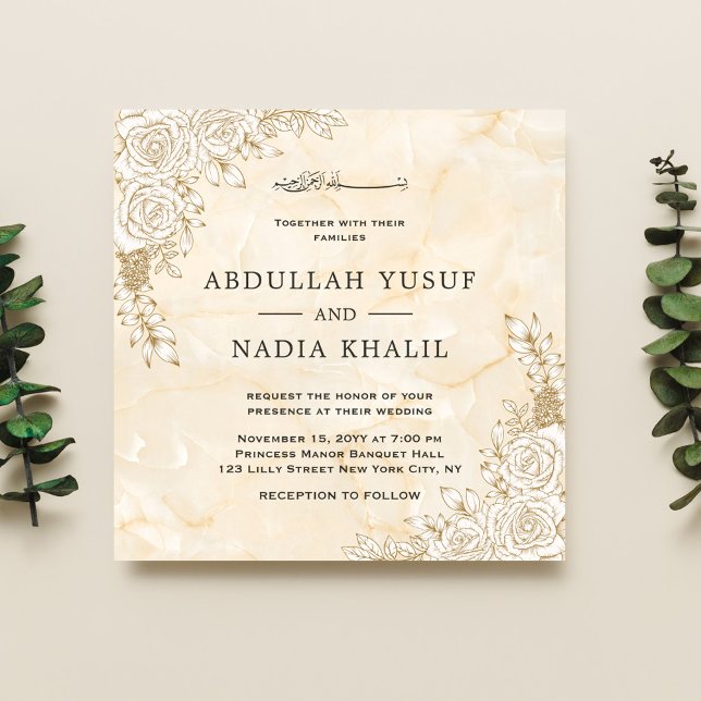 Invitación Textura de mármol Floral Lace Boda musulmán islámi (Subido por el creador)