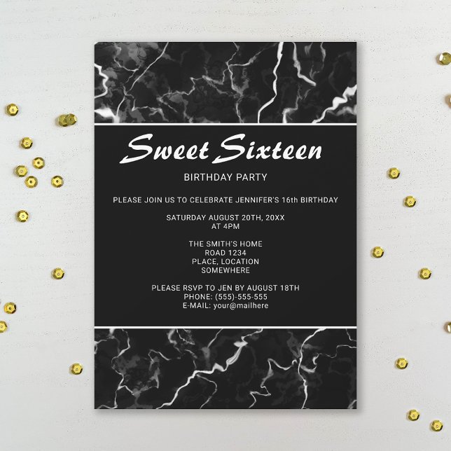 Invitación Textura de mármol negro falso aspecto dulce cumple (Subido por el creador)