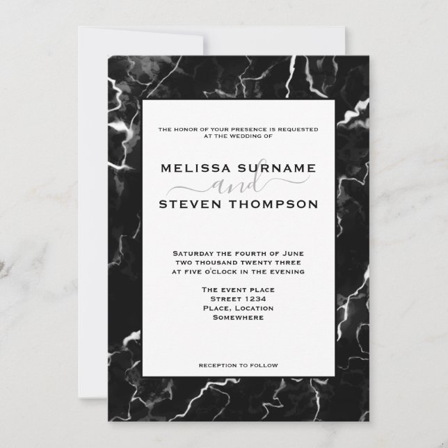 Invitación Textura de mármol negro falso para boda (Anverso)