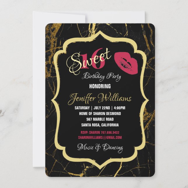 Invitación Textura de mármol negro y oro de lujo              (Anverso)