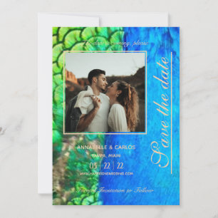 Invitación Textura de pluma verde azul pavo real Boda de vera