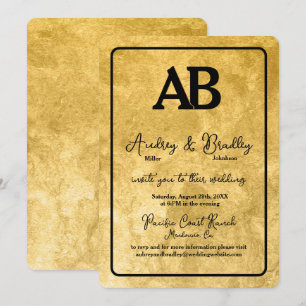 Invitación Textura dorada Marco negro 2 letra Monograma Boda