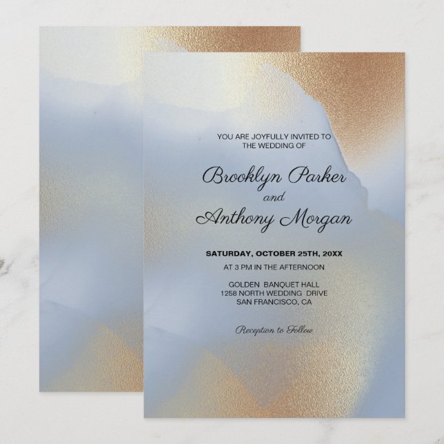 Invitación Textura dorada sobre el Boda azul (Anverso / Reverso)