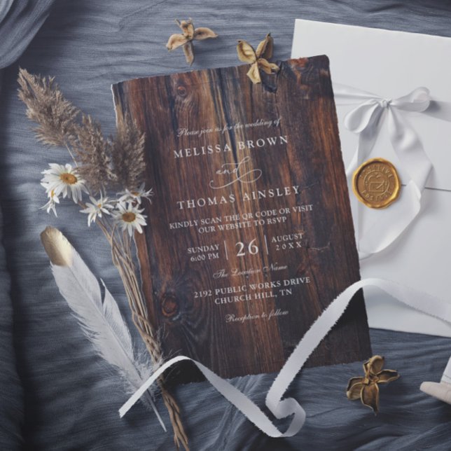 Invitación Textured Wood Rustic Country QR Code Wedding (Subido por el creador)