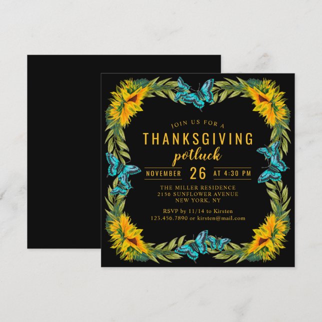 Invitación Thankending Potluck Dinner Watercolor Sunflowers (Anverso / Reverso)